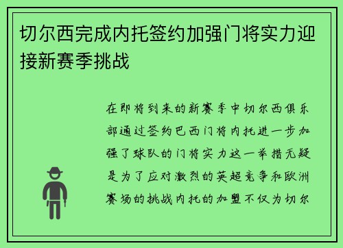 切尔西完成内托签约加强门将实力迎接新赛季挑战